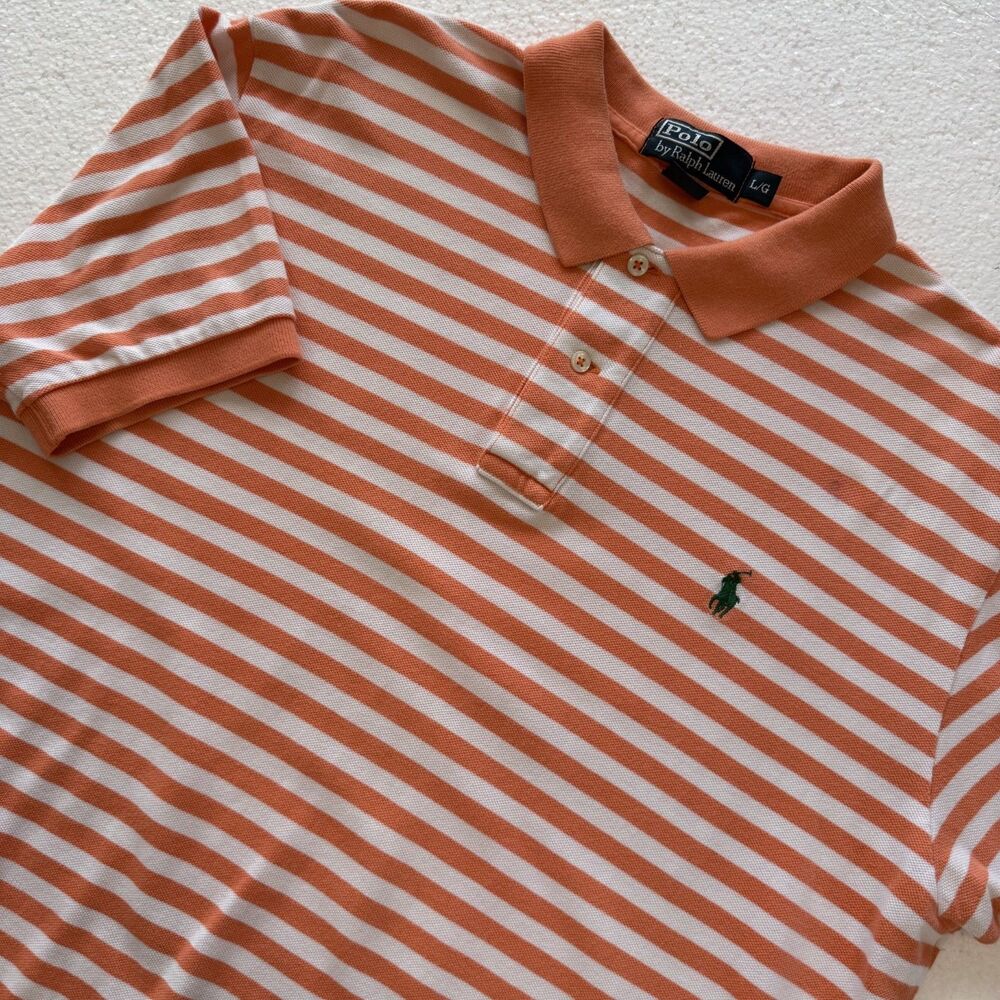 Polo Ralph Lauren Large Classic Fit Short Sleeve Casual Salmon Stripe Shirt